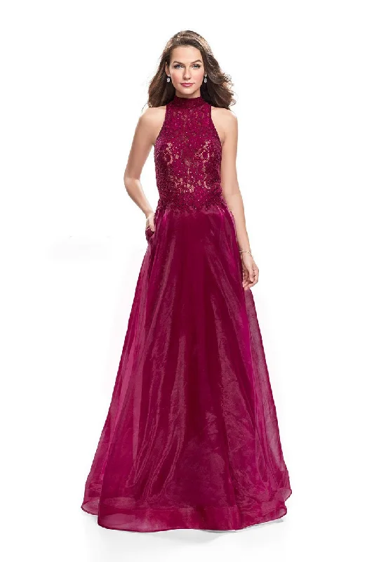 Best Deals La Femme - 25664 Beaded Lace High Halter Organza Dress