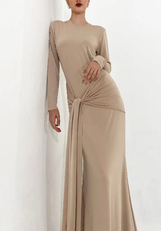 Best Seller Draped Tie Dress in Sand | won’t be restocked