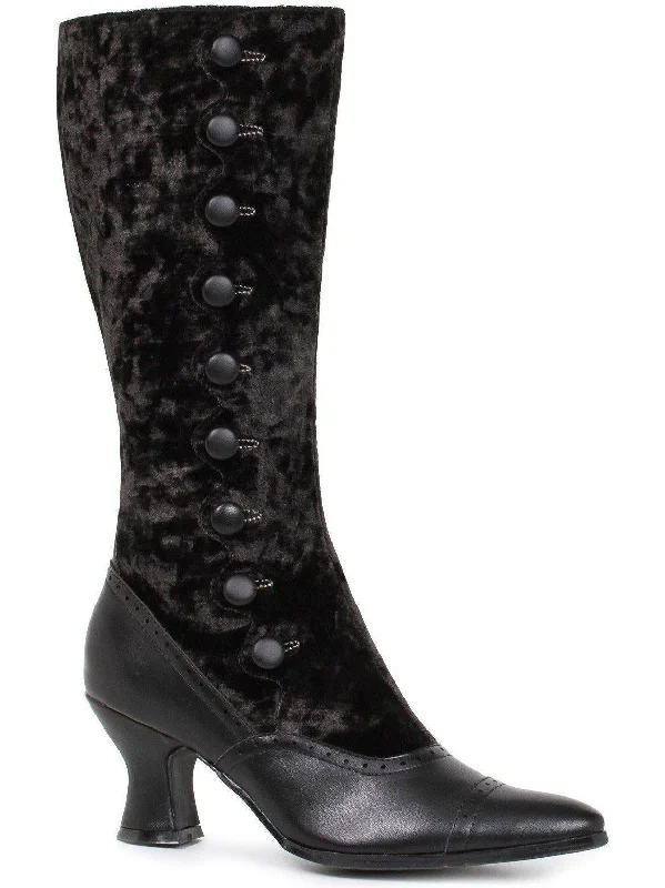 Price Reduction Ellie Shoes E-253-GAIL 2.5" Heel Women's Black Velvet Boot with decorative button detail Price Reduction Ellie Shoes E-253-GAIL 2.5" Heel Women's Black Velvet Boot with decorative button detail