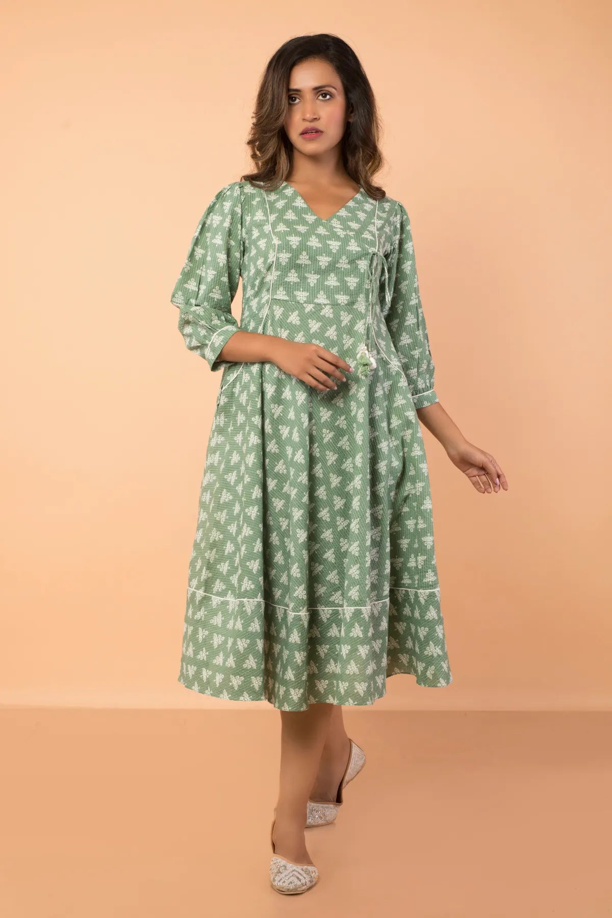 Act Fast Umbrella Flared Sage Colour Dress