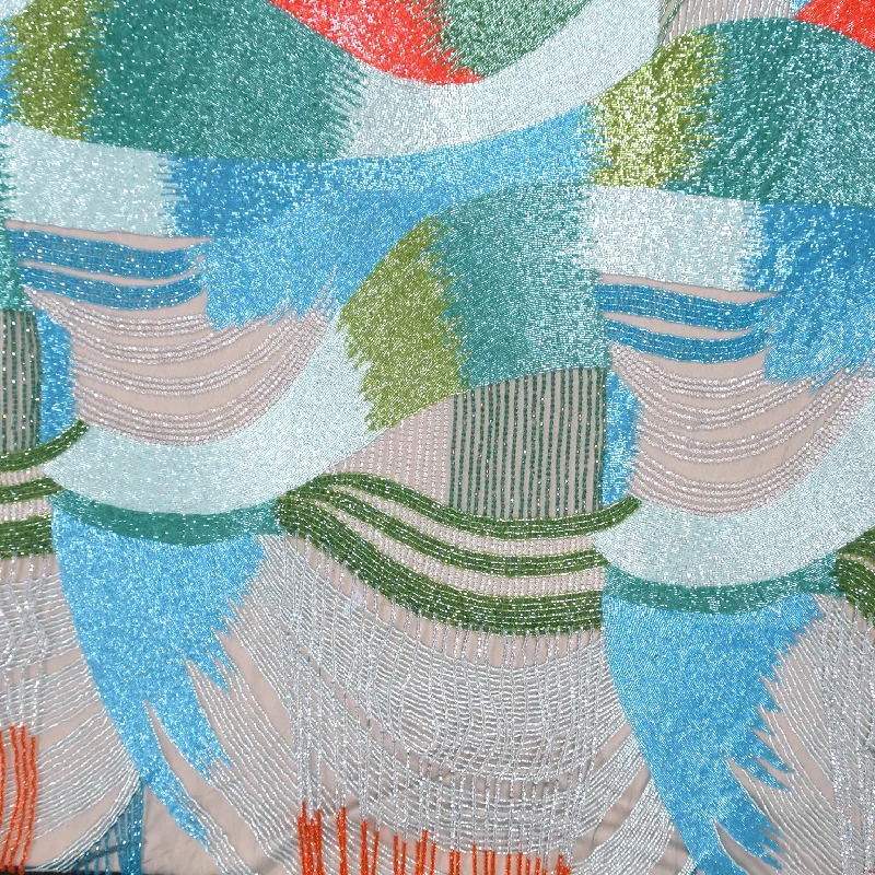 Exclusive Access Heavily Beaded Bugle Beads and Fringes Multicolored Abstract Embroidered Tulle Fabric Exclusive Access Heavily Beaded Bugle Beads and Fringes Multicolored Abstract Embroidered Tulle Fabric