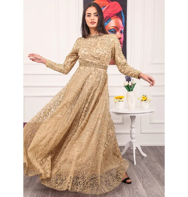 Grand Opening Sale Modest Formal Shimmery Vine Dress G492 Gold