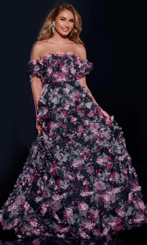 Super Sale Jovani 40331 - Floral Print Off Shoulder Prom Gown