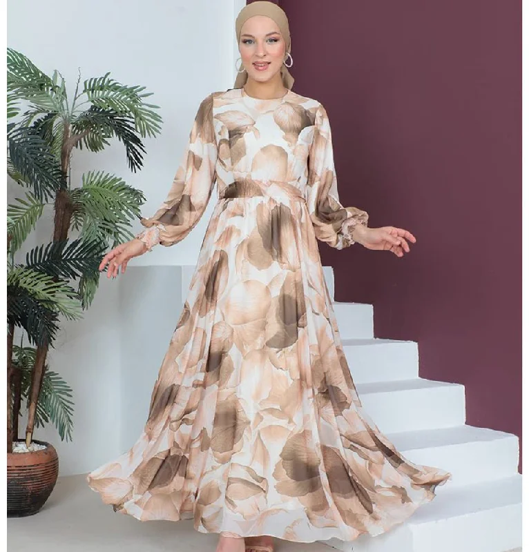 Weekend Deal Modest Women's Dress Flower Petal 7999-55 - Beige