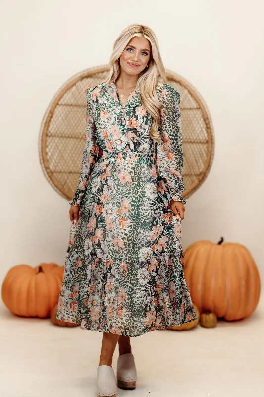Huge Discounts Green/Orange Multi Print Split Neck Midi Dress