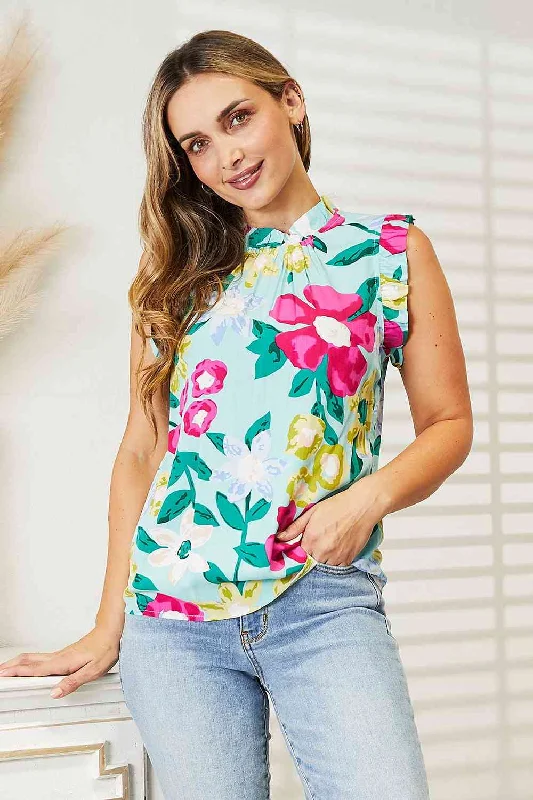 Savings Bonanza Double Take Floral Print Ruffle Shoulder Blouse