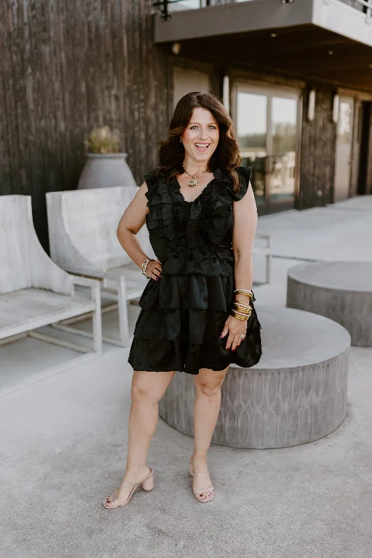 Price Drop Karlie Black Solid Satin Ruffle Smock V-Neck Dress