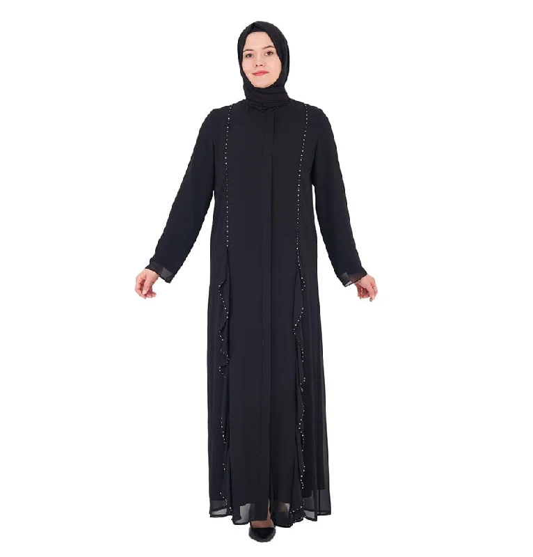 Hot Deal Modest Women's Beaded Ruffles Abaya - 156 Black