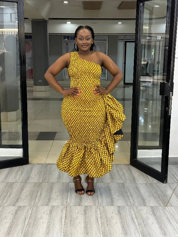 Now or Never Cess Women's African Print One-Shoulder Ruffle Dress - Yellow