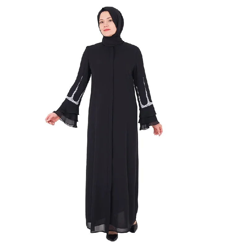 Special Savings Elegant Women's Sequins Layered Sleeves Abaya - 158 Black