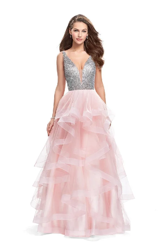 Price Cut La Femme - 26223 Metallic Beaded Plunging Bodice Tulle Ballgown