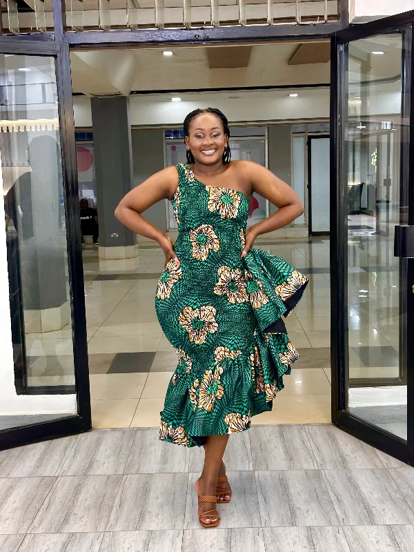 Limited Availability Cess Women's African Print One-Shoulder Ruffle Dress - Green