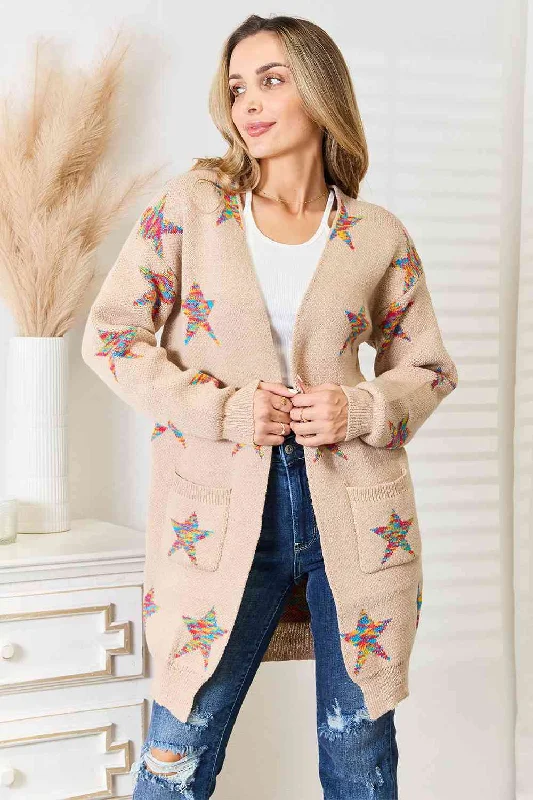 Closeout Sale Double Take Star Pattern Open Front Longline Cardigan