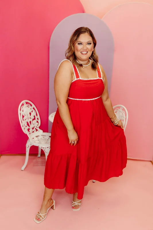 Friends and Family Sale Red Tiered Sleeveless Square Neck Midi Dress