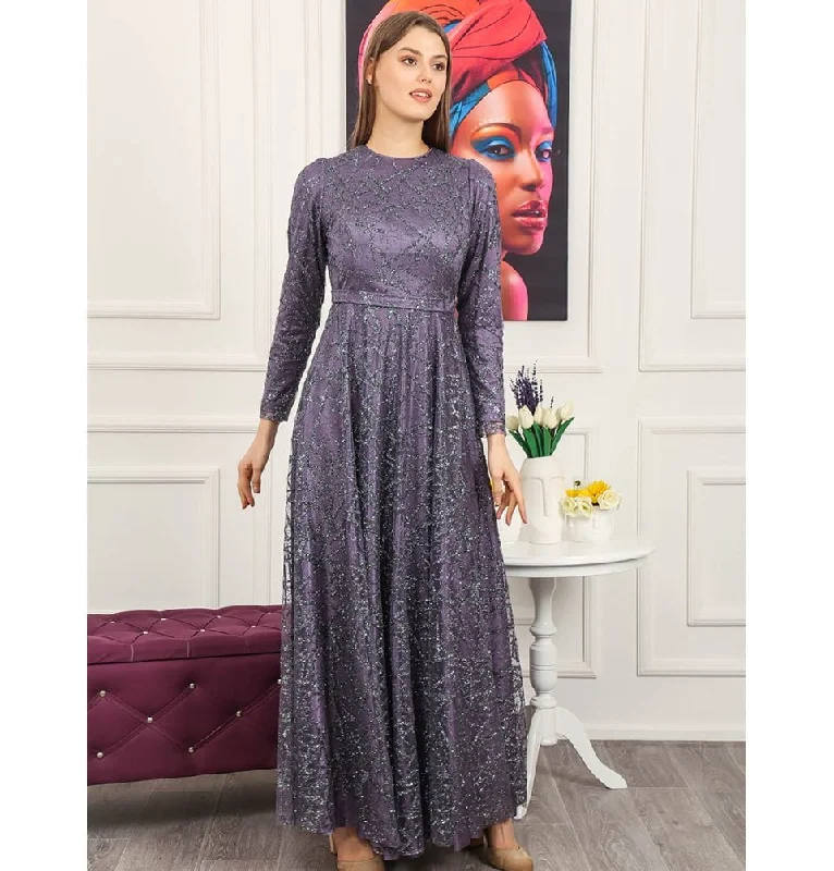 Weekend Special Modest Formal Glittery Abstract Dress 508 Lilac