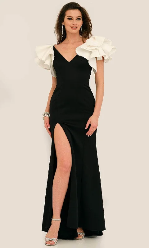 Act Fast Dave & Johnny 11314 - V-Neck Short Ruffled Sleeve Formal Gown
