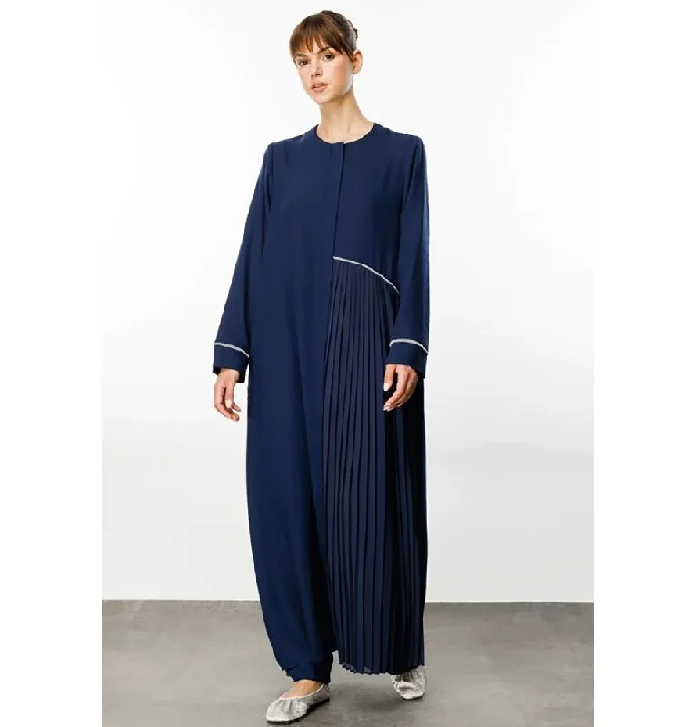 Hurry In Modest Muslim Women’s Pleated Accent Abaya Dress - 241848 Navy Blue