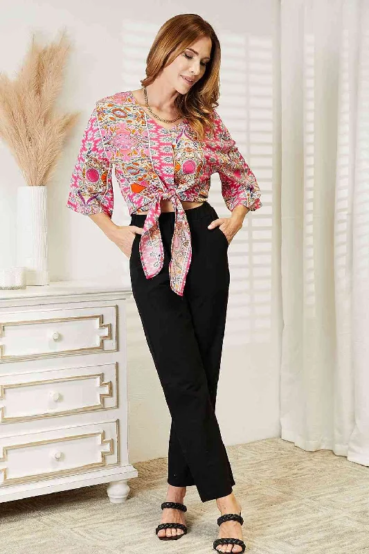Bonus Savings Double Take Tie Hem V-Neck Three-Quarter Sleeve Blouse