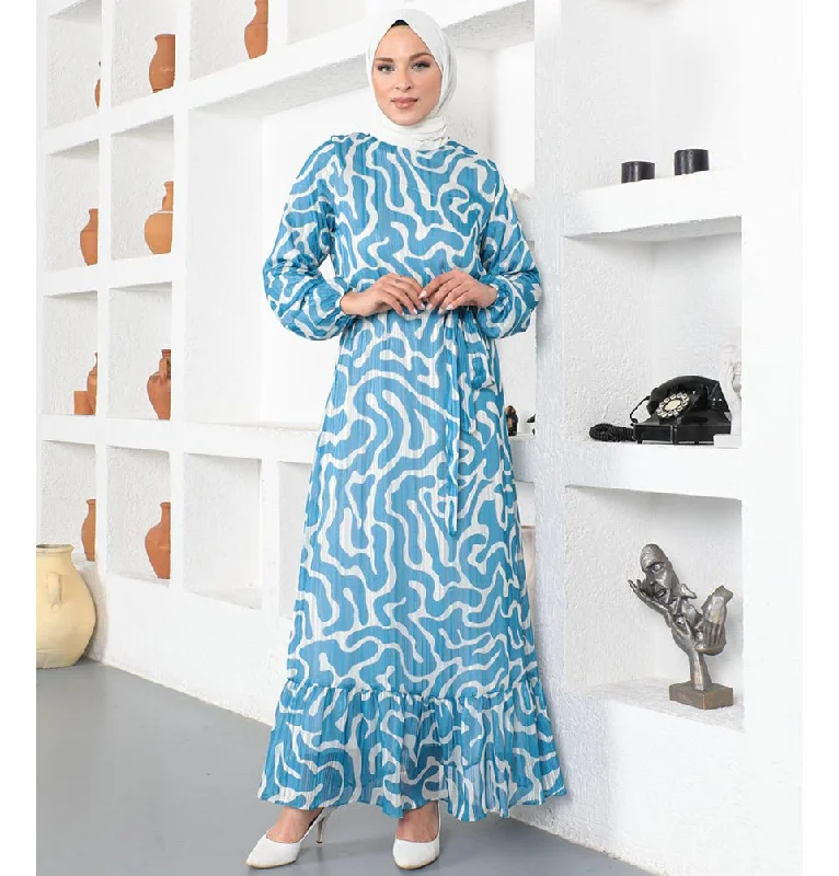 Discount Mania Modest Women's Dress Abstract 3105-23 Blue