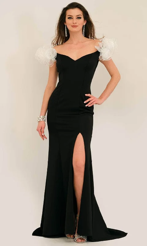 Best Deals Dave & Johnny 11298 - Ruffled Shoulder V-Neck Prom Gown