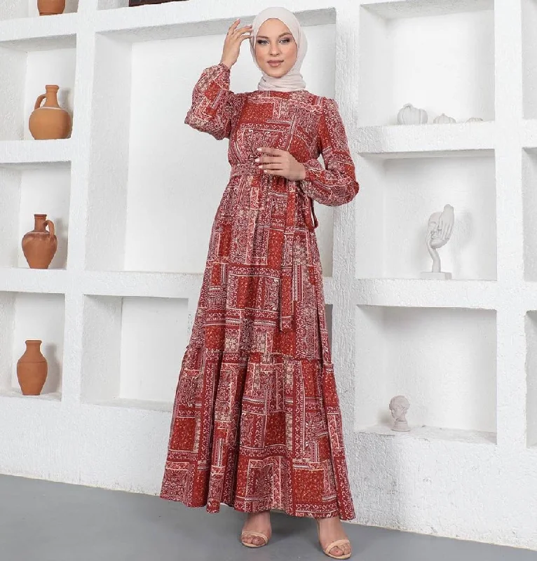Quick Sale Modest Muslim Women’s Boho Patchwork Long Sleeve Dress - 9346 Bandana Red