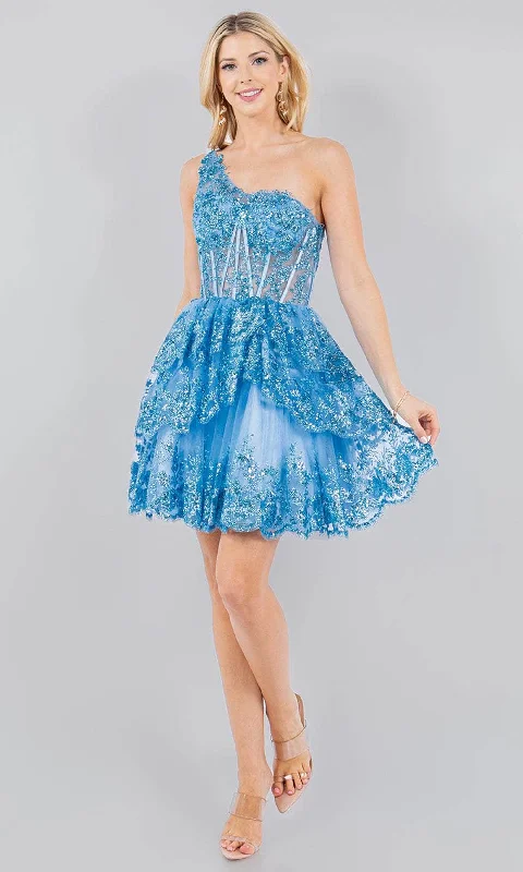 New Arrival Cinderella Couture 5132J - Asymmetric Sheer Corset Top Cocktail Dress