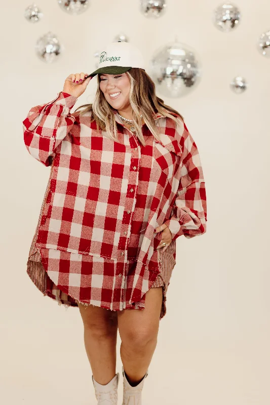 Act Now Boho Red Plaid Button Down Tunic Dress