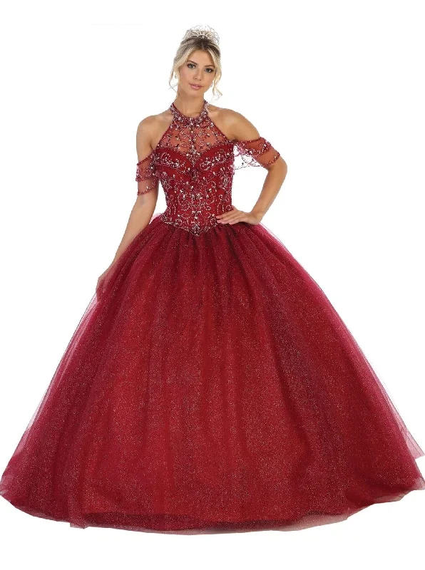 Super Bargain May Queen - LK121 Halter Neck Cold Shoulder Embellished Ballgown