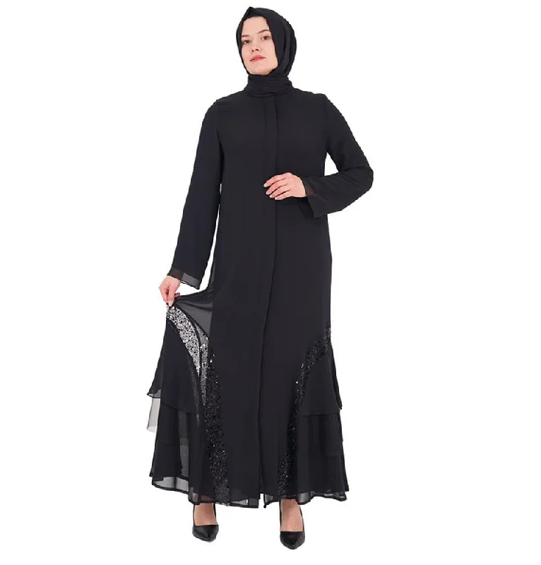 Clearance Sale Modest Women’s 3 Tier Chiffon with Sequins Abaya - 168 Black