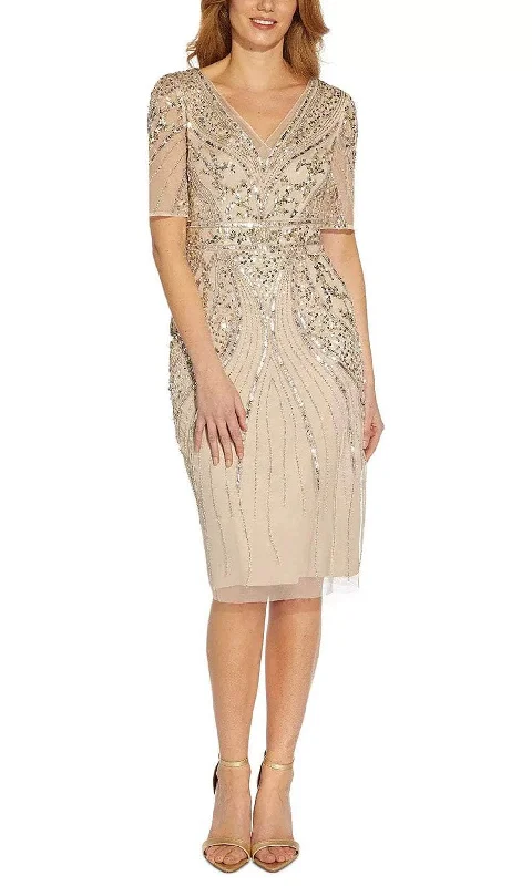 Deep Discounts Adrianna Papell AP1E209809 - Beaded V Neck Mesh Dress
