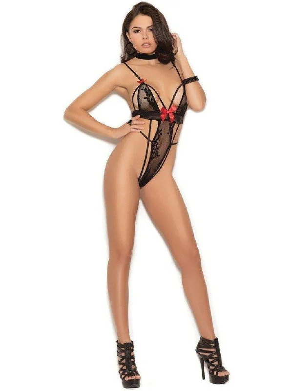 Exclusive Savings Sexy Lace teddy embellished with bows and a string back in Black, Also Plus size