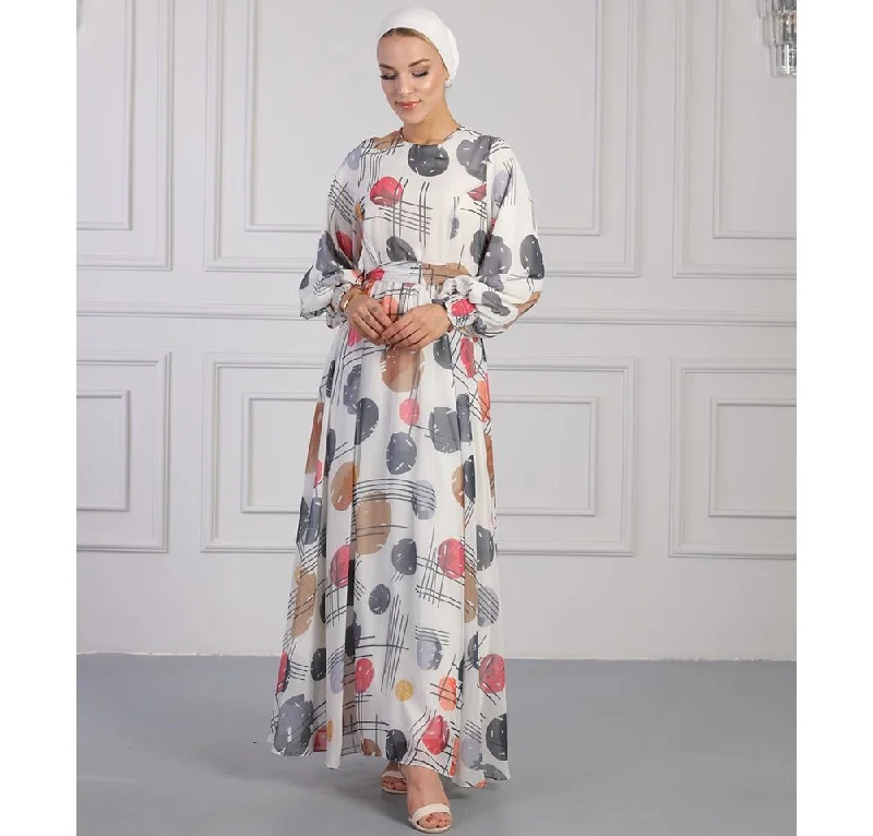 Super Bargain Modest Women's Dress Spotted Abstract 7999-29 - Grey and Multicolored