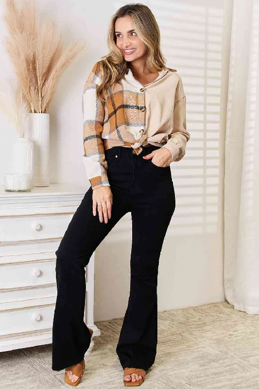 Huge Discounts Double Take Plaid Print Dropped Shoulder Shirt