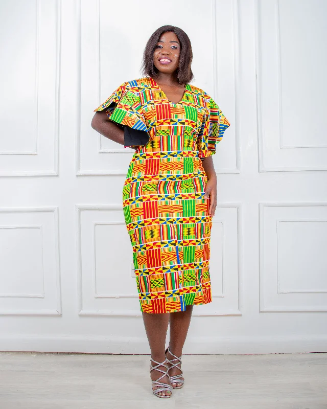 Grand Opening Sale Urbi Women's African Print Midi Dress (Yellow Kente)