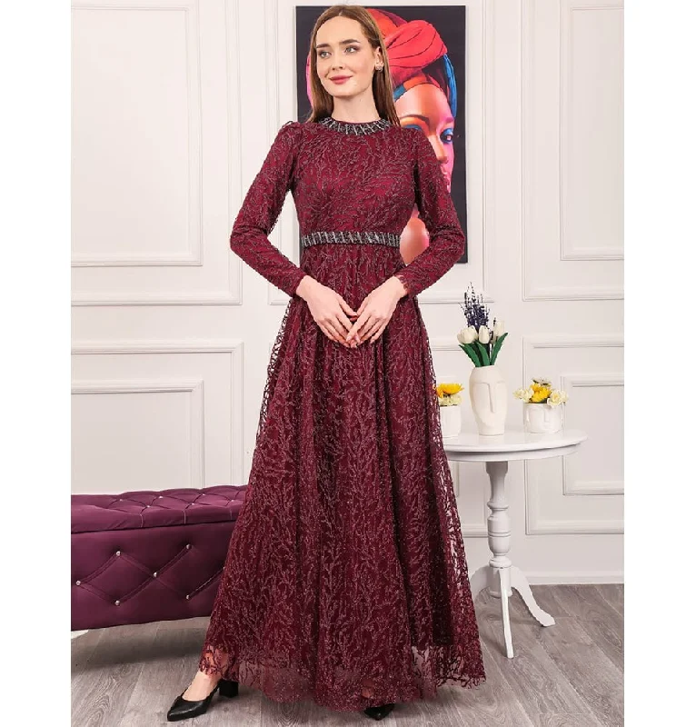 Online Exclusive Modest Formal Shimmery Vine Dress G492 Red