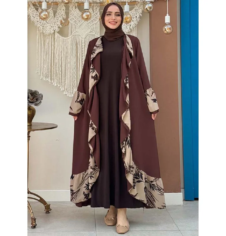 Great Deals Modest Muslim Women’s Open Front Abaya with Ruffle Trim - 7908 Choco Medley Great Deals Modest Muslim Women’s Open Front Abaya with Ruffle Trim - 7908 Choco Medley