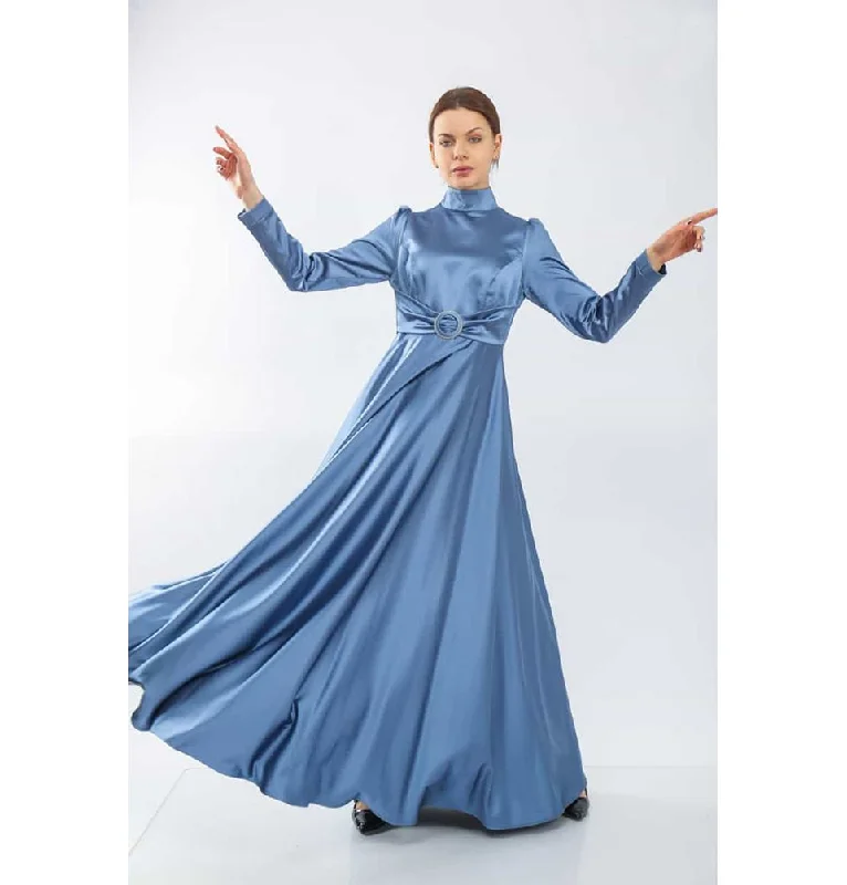 Limited Availability Modest Formal Satin Dress G459 Blue