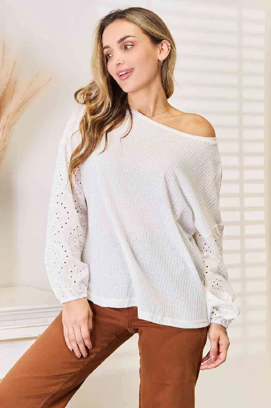 Steals and Deals Double Take Eyelet Dropped Shoulder Round Neck Blouse, Also Plus sizes