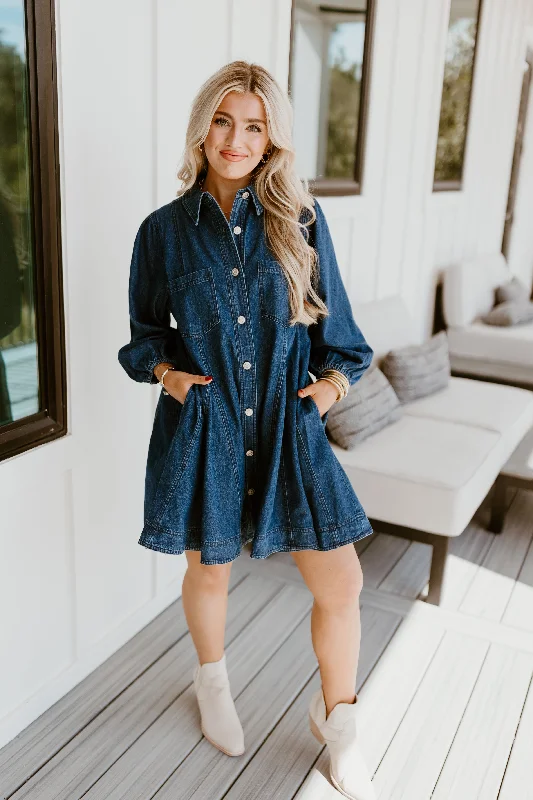 Price Meltdown Dark Denim Collared Button Up Pocket Dress