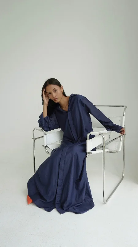 Today’s Deal Silk-Cotton Long Shirt Dress in Navy