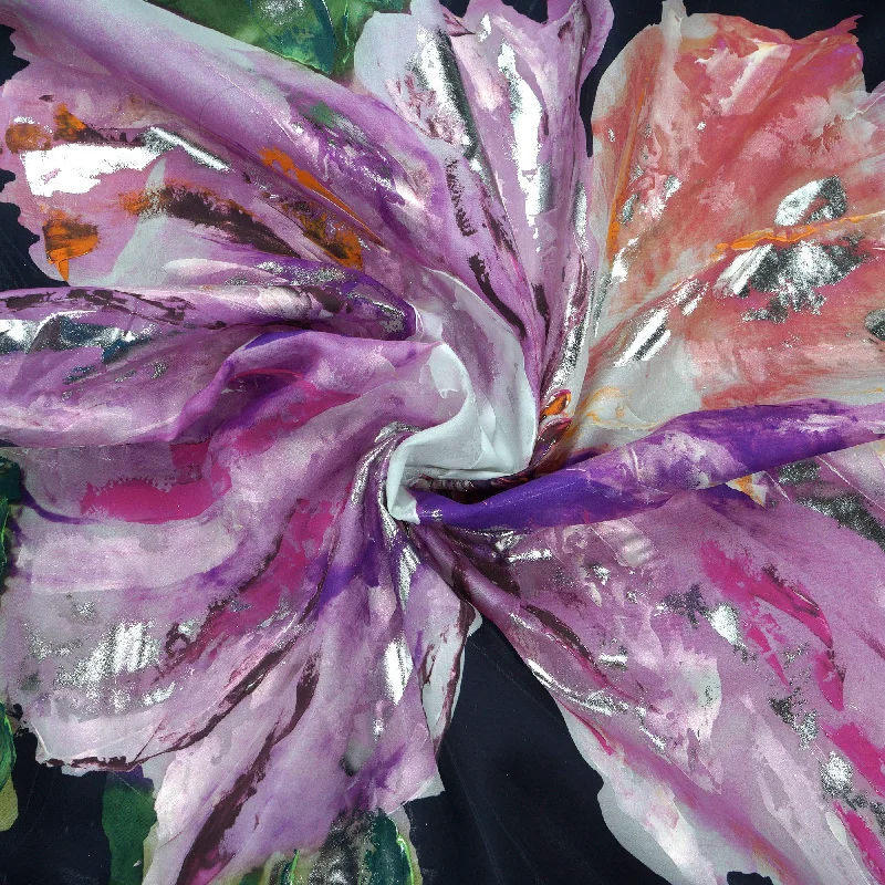 Price Cut Multicolored Black Background Floral Painted Silk Organza Fabric