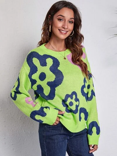 Flash Deals Flower Pattern Round Neck Long Sleeve Sweater