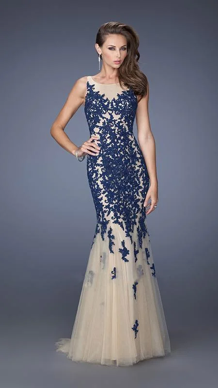 YEAR-End Sale La Femme - 19916 Elaborate Lace Appliqued Jewel Tulle Mermaid Gown