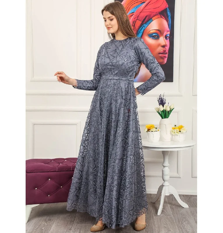 Price Drop Modest Formal Glittery Abstract Dress 508 Grey