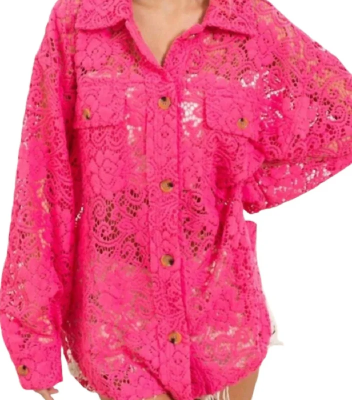 Warehouse Sale Button Down Lace Shacket In Neon Pink