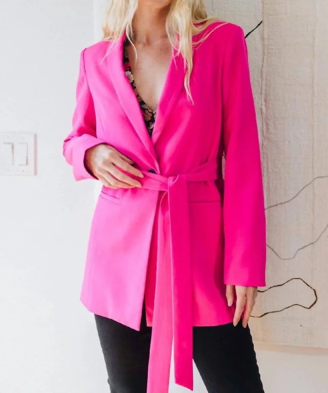 Friends and Family Sale Collared Tuxedo Long Belted Blazer In Fuchsia