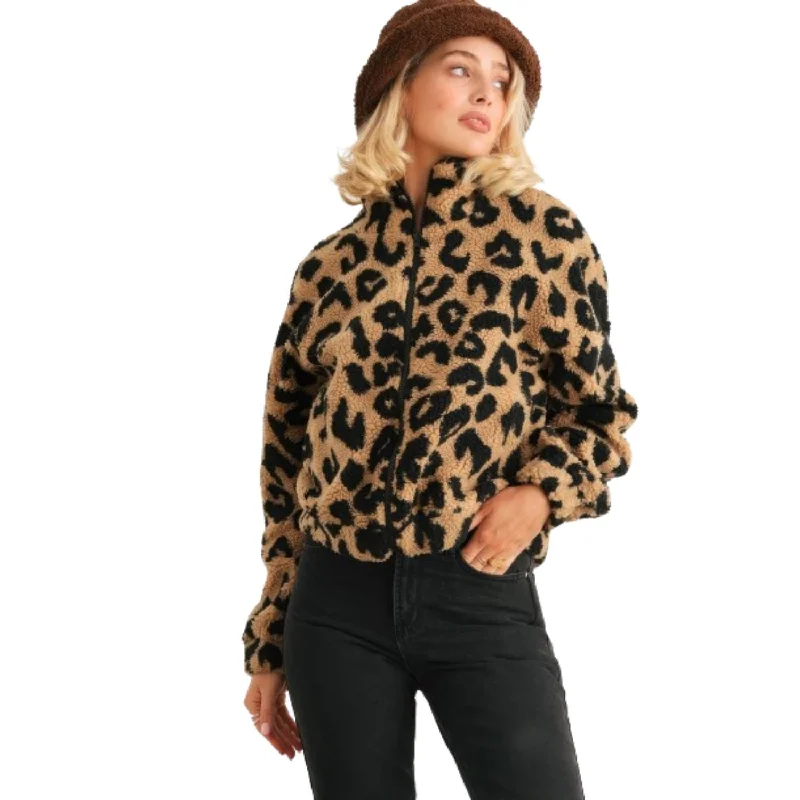 Shop and Save Leopard Teddy Zip-up Two Pocket Jacket