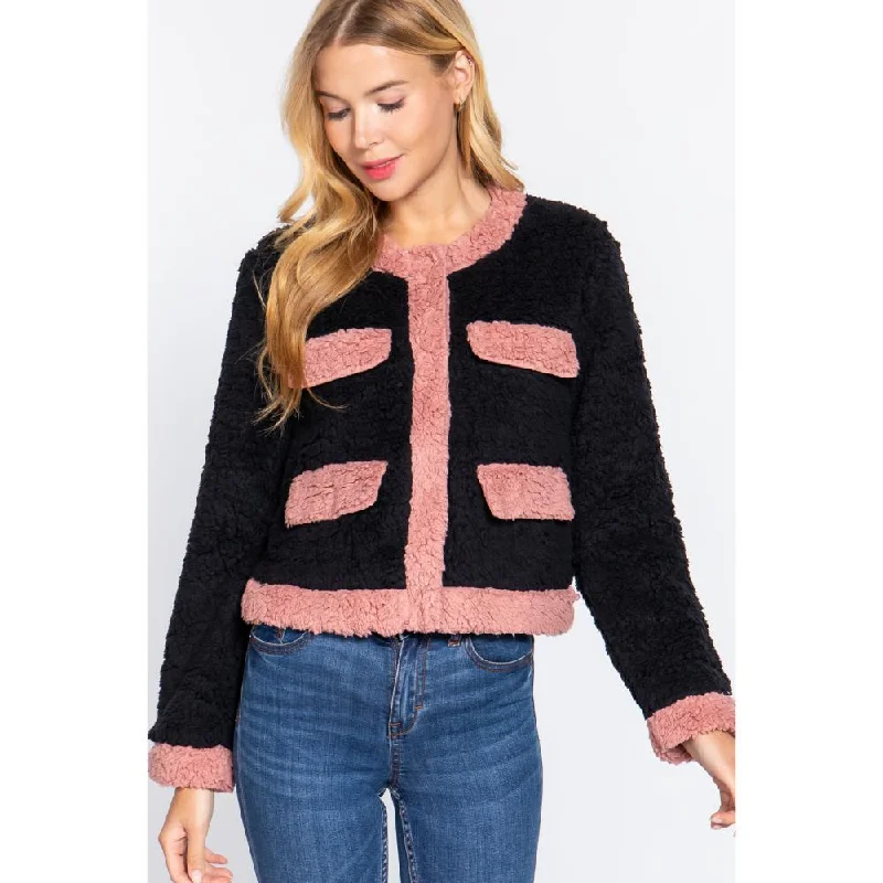 Can't Be Beat Long Sleeve Pocket Detail Faux Fur Jacket