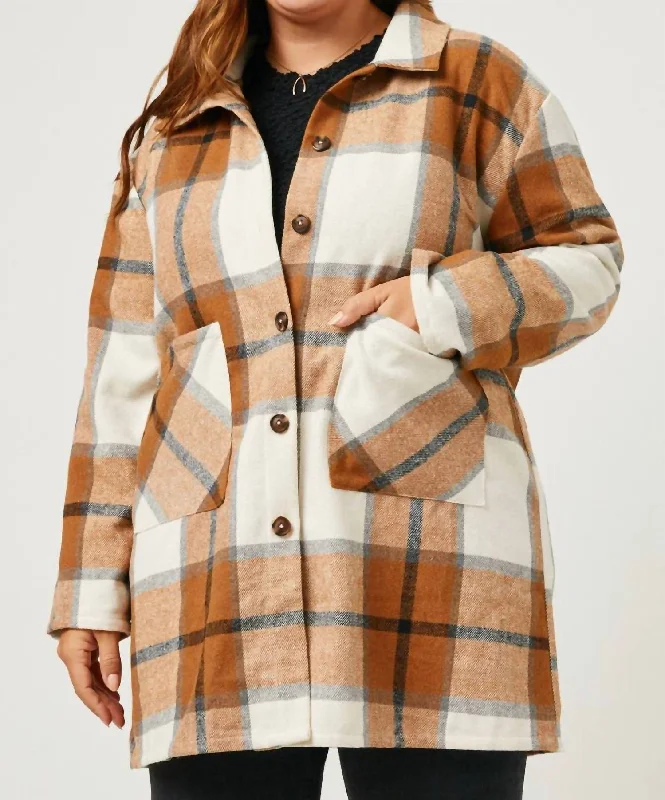 Price Reduction Plaid Button Up Patch Pocket Coat - Plus In Camel