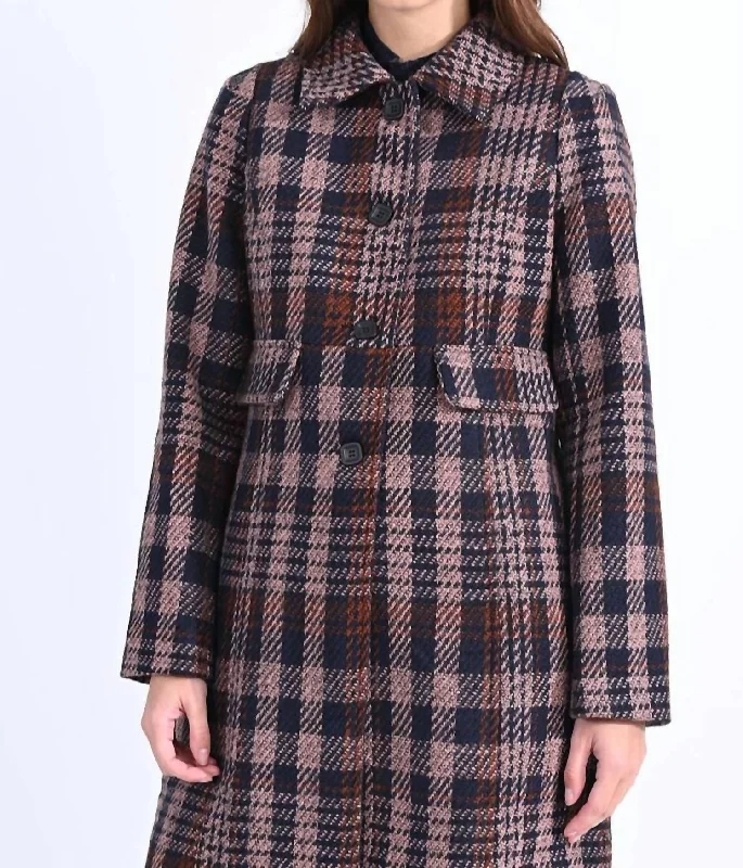 Price Rollback Plaid Pattern Coat In Navy Multi